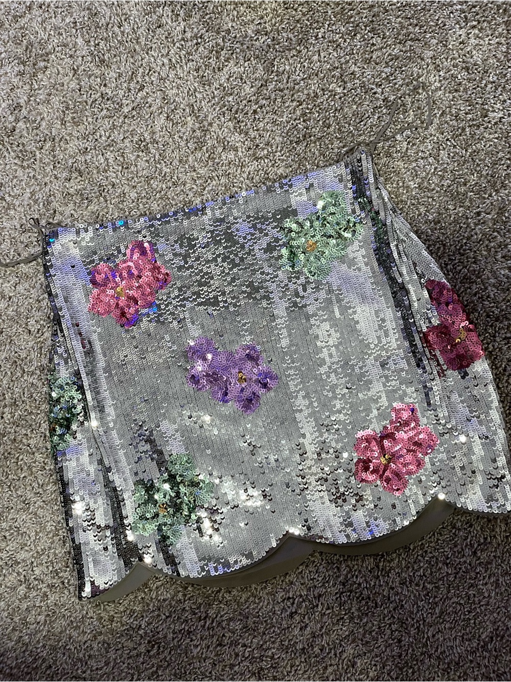 Express Silver Sequin Mini Skirt with Pink, Purple & Green Floral Appliqués